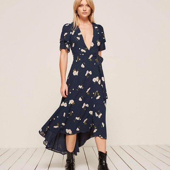 Reformation Layley Opaline Dress - Navy Floral Wrap - Size Large - Picture 1 of 5